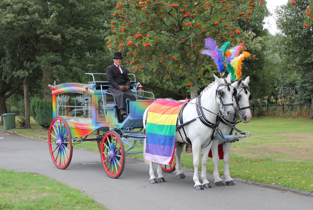 Rainbow horse-drawn hearse for a speciality lgbtq funeral
